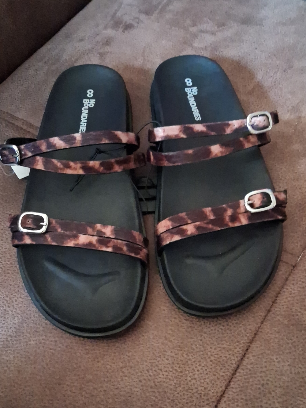 No Boundaries Chetah-Print Double Strap Slide Sandals - Brown/Black Size 8